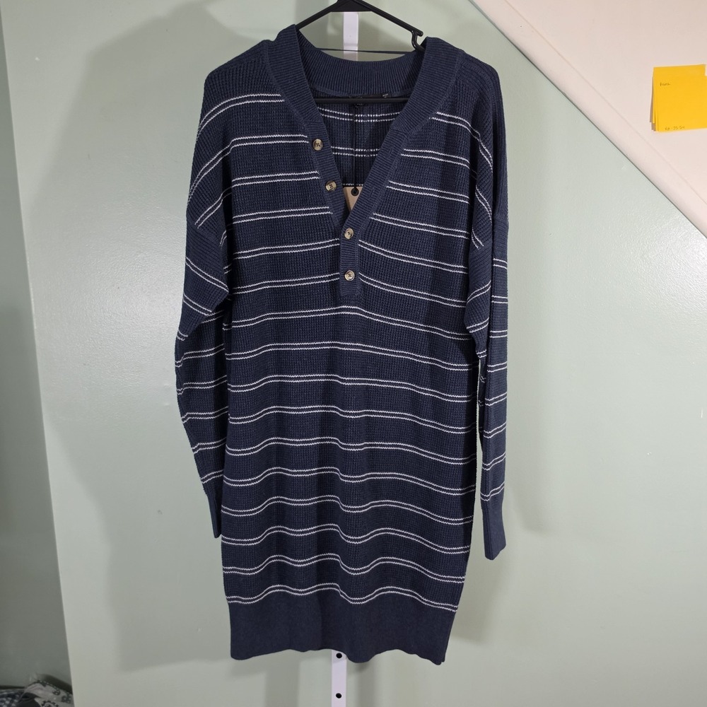 prAna Milani Women's Henley Dress Nautical Stripe Navy Blue Size Large‎